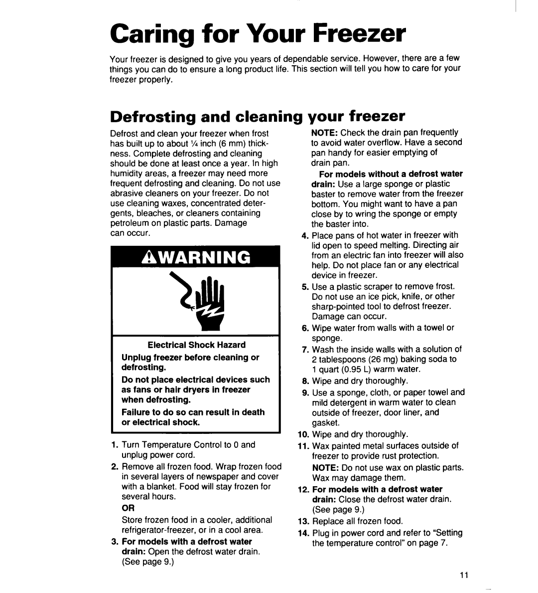 Whirlpool 2165306 warranty Caring for Your Freezer, Defrosting and cleaning, your freezer 