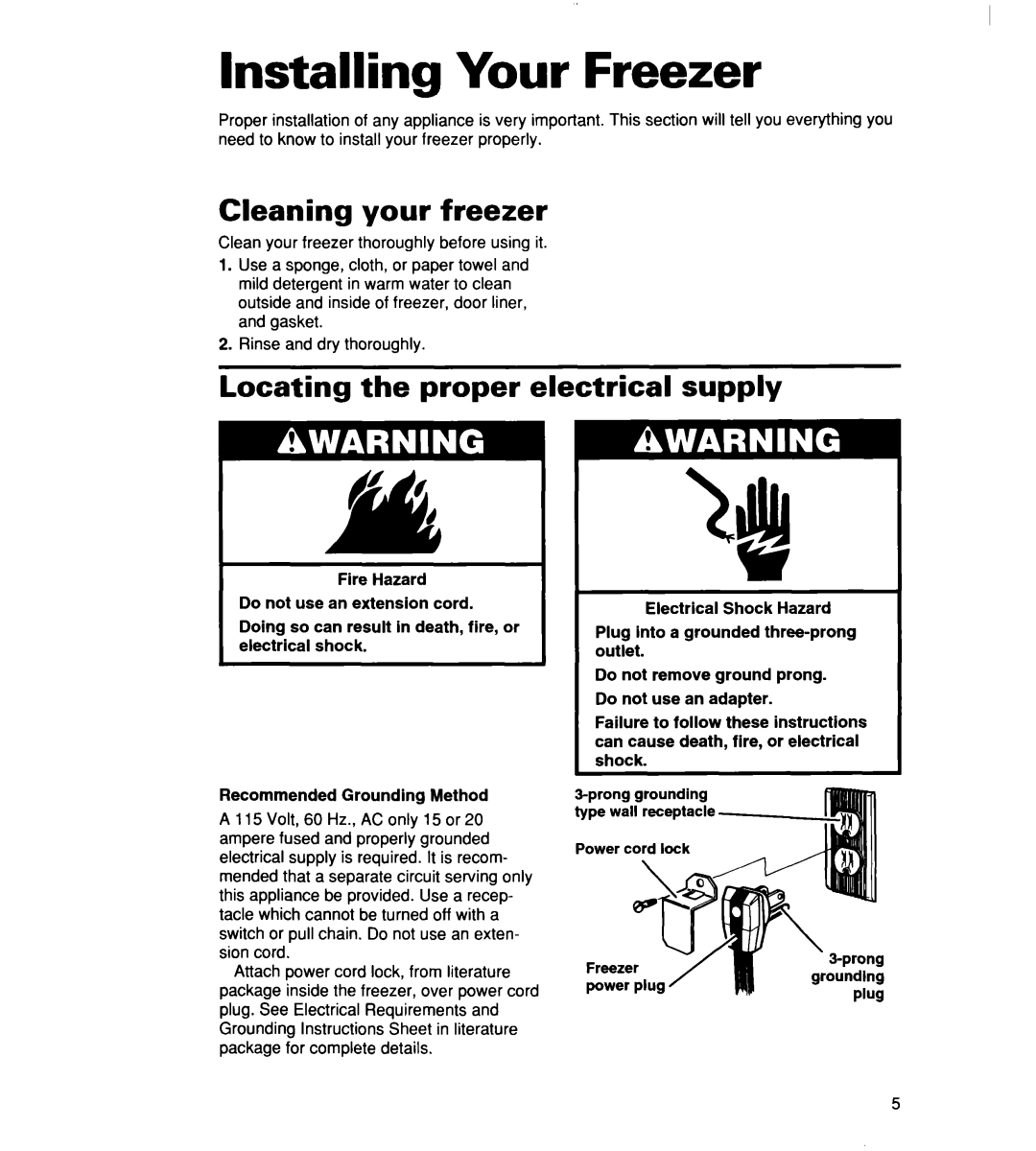 Whirlpool 2165306 warranty Installing Your Freezer, Cleaning your freezer, Locating the proper electrical supply 