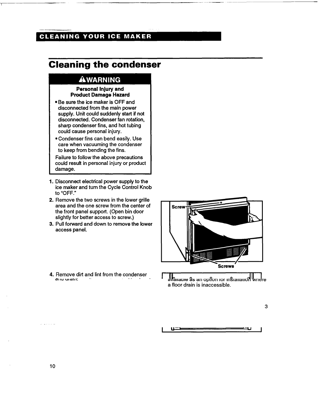 Whirlpool 2180633 warranty Cleaning the condenser, Personal Injury Product Damage Hazard 