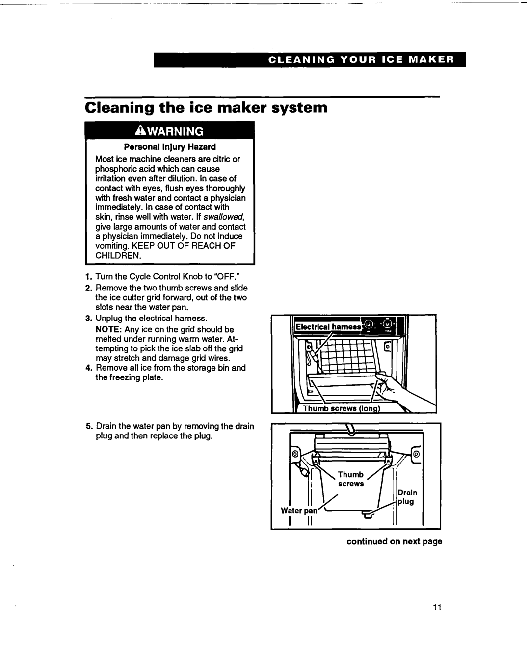 Whirlpool 2180633 warranty Ii\/ qz’!?I, Cleaning the ice maker system, Personal Injury Hazard, On next 