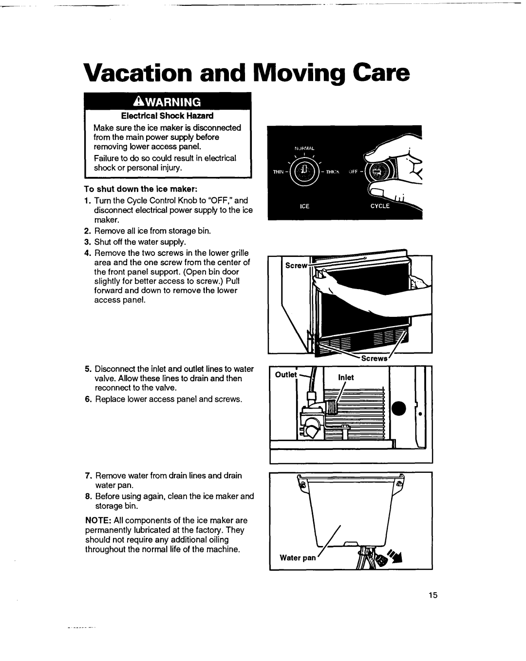 Whirlpool 2180633 warranty Vacation and Moving Care, Eiectn’cai Shock Hazard, To shut down the ice maker 