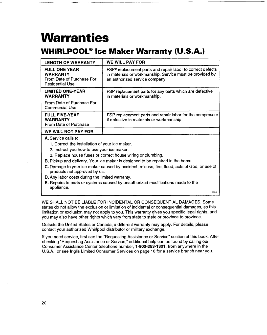 Whirlpool 2180633 warranty Warranties, WHIRLPOOL@ Ice Maker Warranty U.S.A 