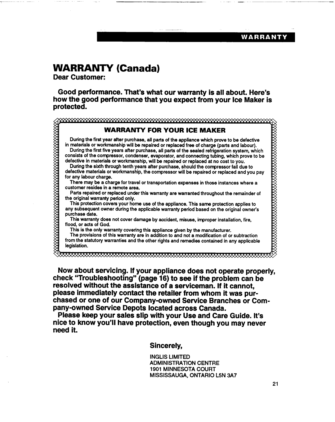 Whirlpool 2180633 warranty Warranty Canada, Warranty for Your ICE Maker 