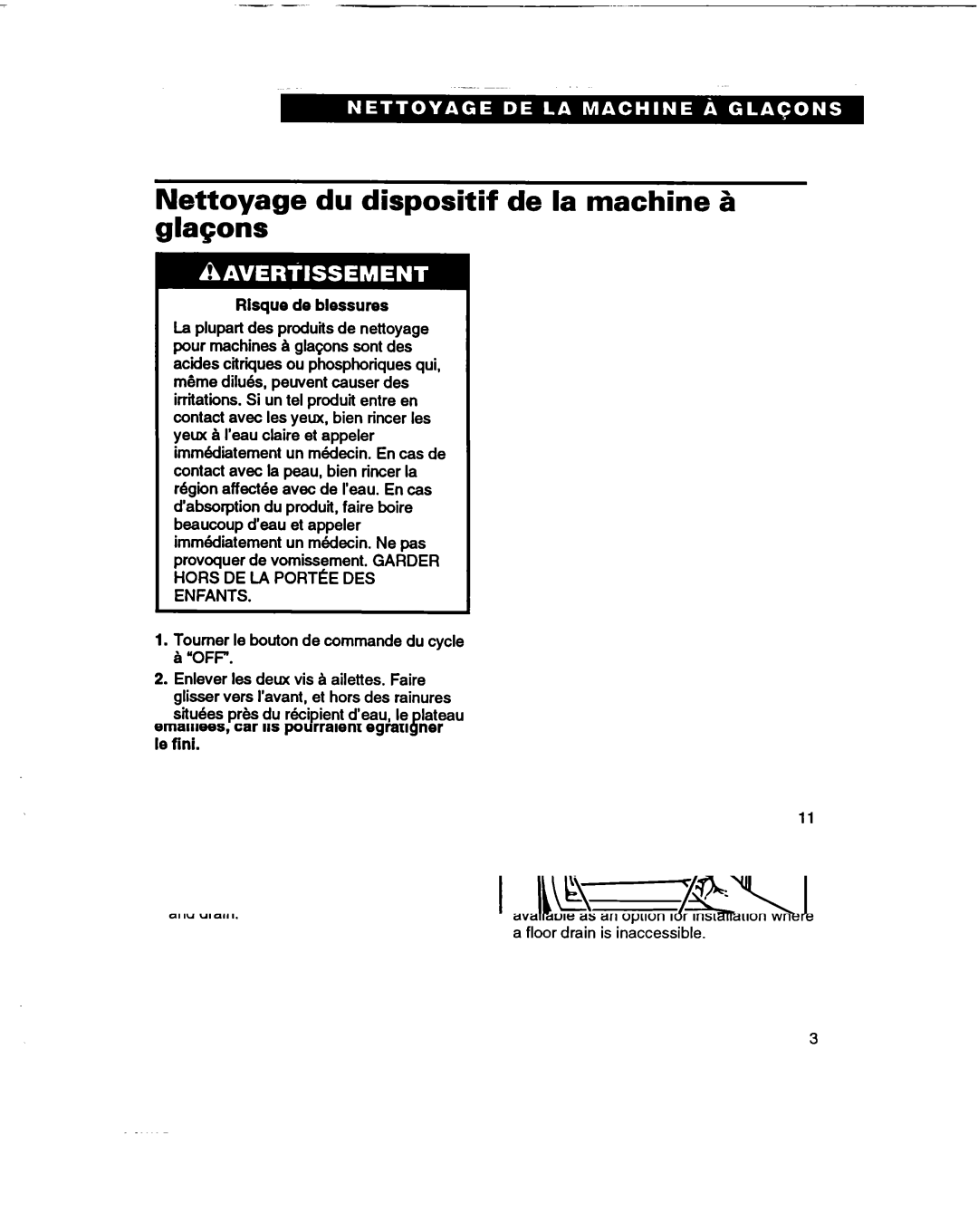 Whirlpool 2180633 warranty Nettoyage du dispositif-de la machine & glaGons, Risque de blessures, Suite B la page suivante 