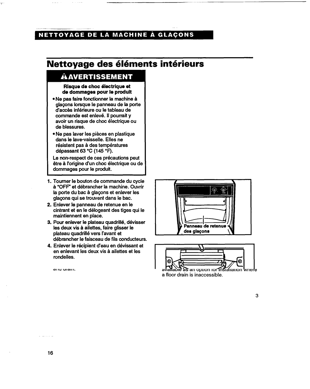 Whirlpool 2180633 warranty Nettoyage des Mments inthrieurs, Risque de choc Blectrique et de dommages pour le produit 