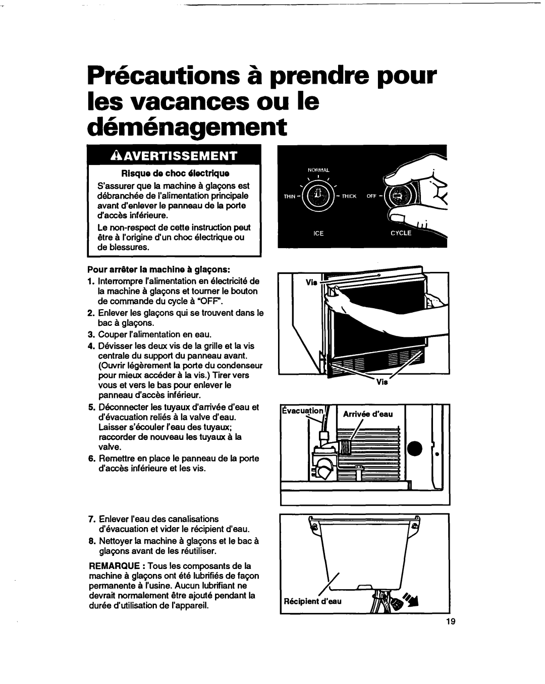 Whirlpool 2180633 warranty Prkautions 6 prendre pour les vacances ou le demhagement, Risque de choc dlectrique 