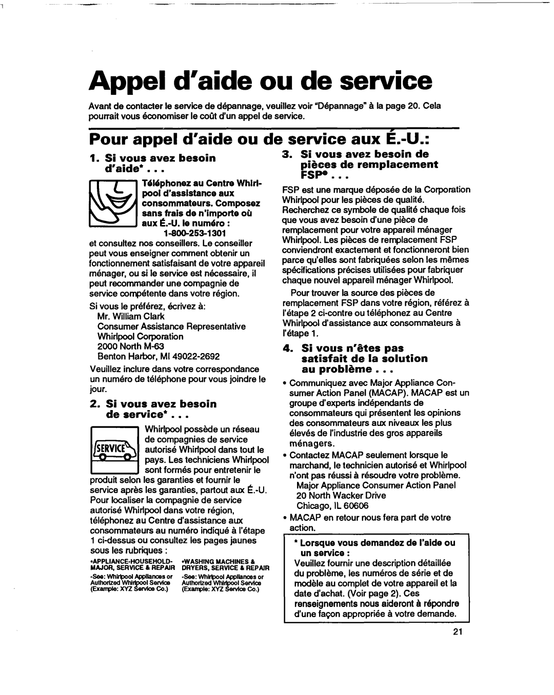 Whirlpool 2180633 Pour appel d’aide ou de service aux E.-U, Si vous aver besoin d’aide’, Si vous avez besoin de service 