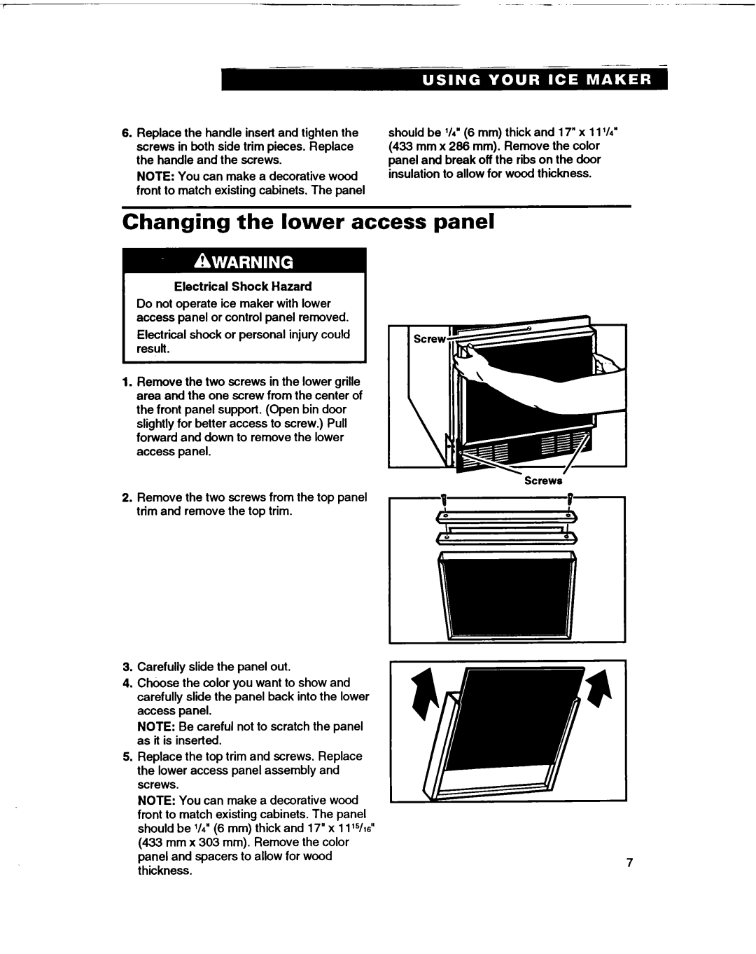 Whirlpool 2180633 warranty Changing the lower access panel, Electrical Shock Hazard 