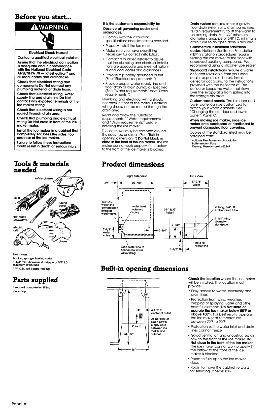 Whirlpool 2180911 Before you start, Tools 81materials Needed A@, Dimensions, Built-in opening dimensions Parts supplied 