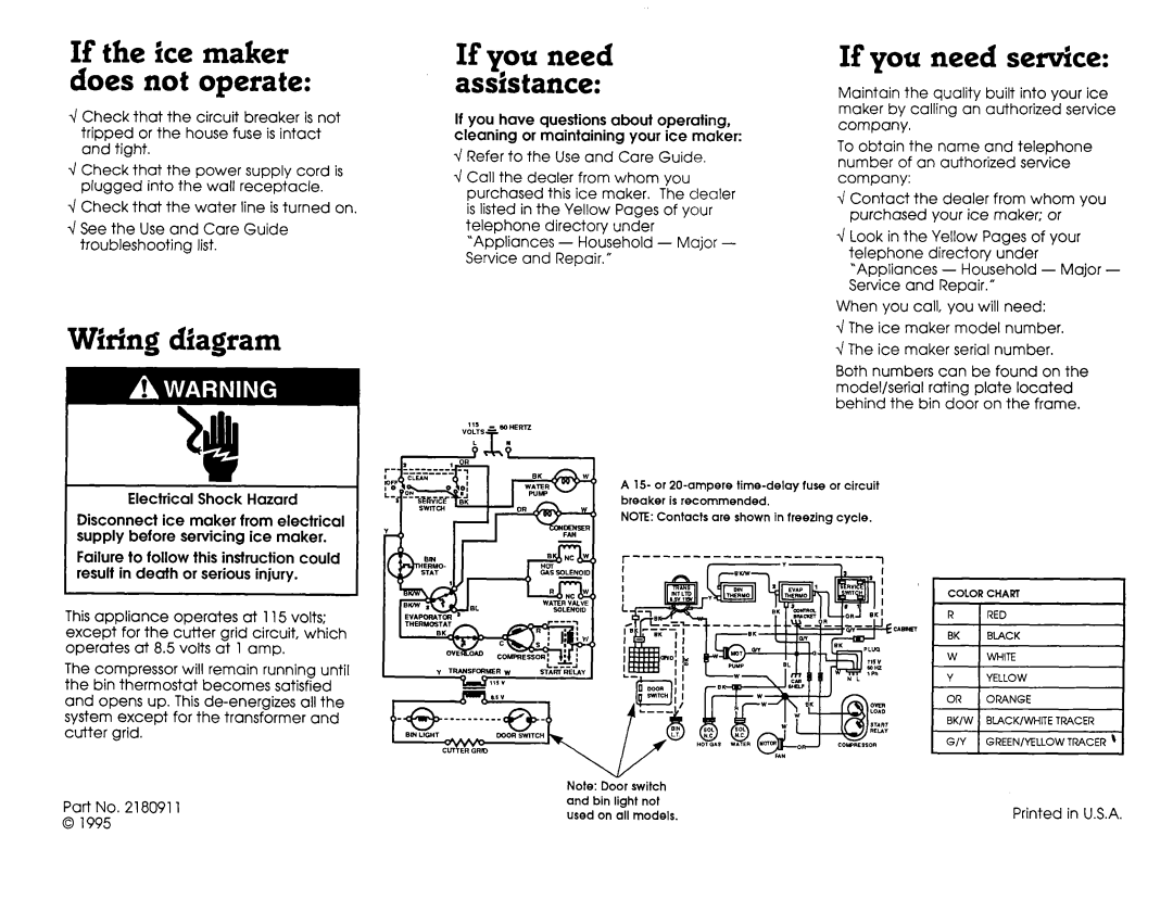 Whirlpool 2180911 installation instructions Wiring diagram If you need assistance, If you need service 