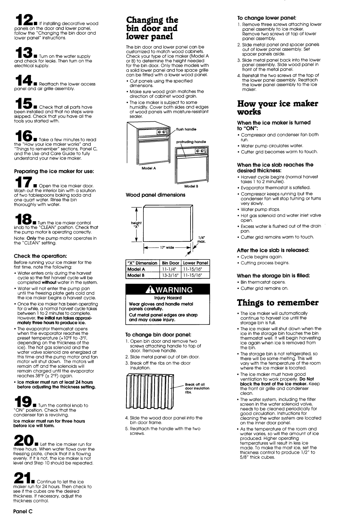 Whirlpool 2180911 How your ice maker works, Things to remember, Changing the bin door and lower panel 