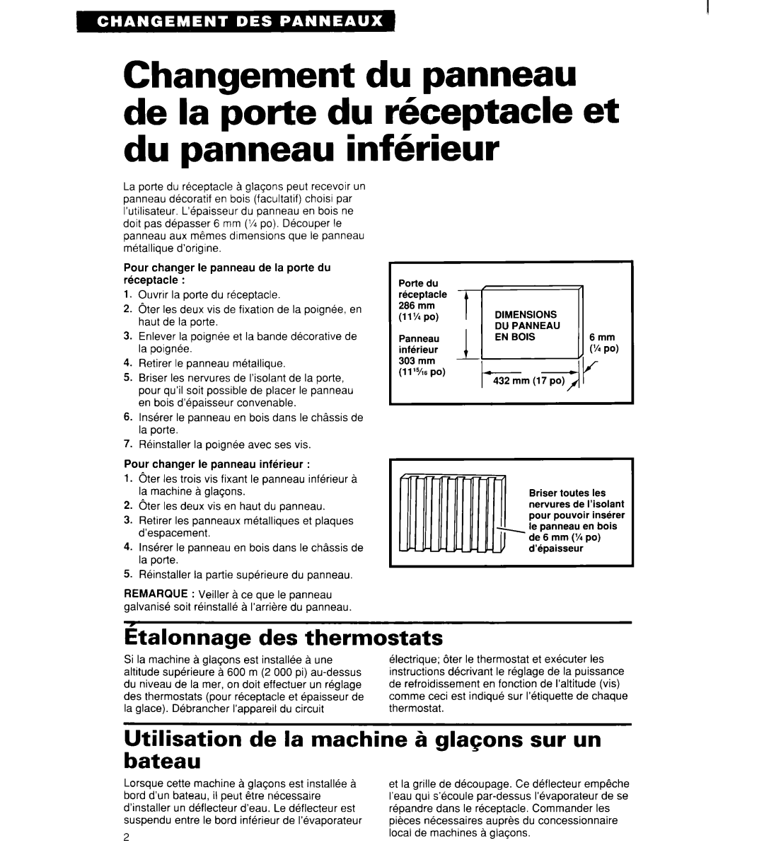 Whirlpool 2180913 manual Italonnage des thermostats, Utilisation de la machine 6 glaqons sur un bateau 