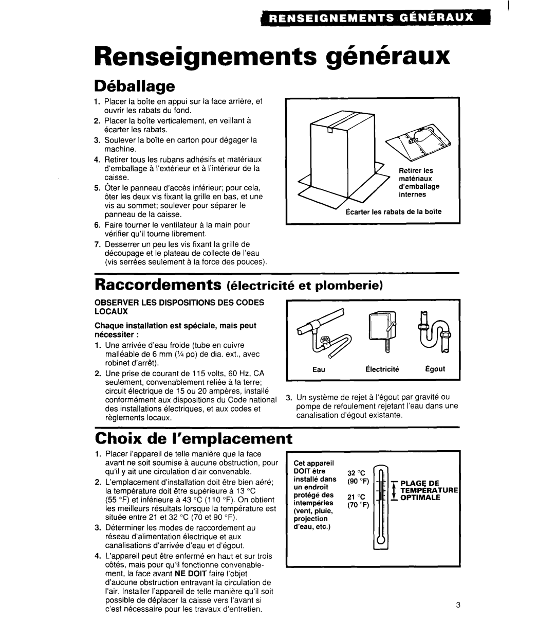 Whirlpool 2180913 manual Renseianements, Cwh6raux, Dbballage, Raccordements dectricit6, Choix de l’emplacement 