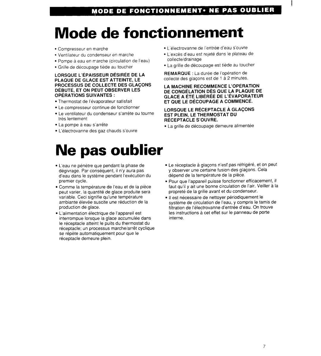 Whirlpool 2180913 manual Mode de fonctionnement, Ne pas oublier 