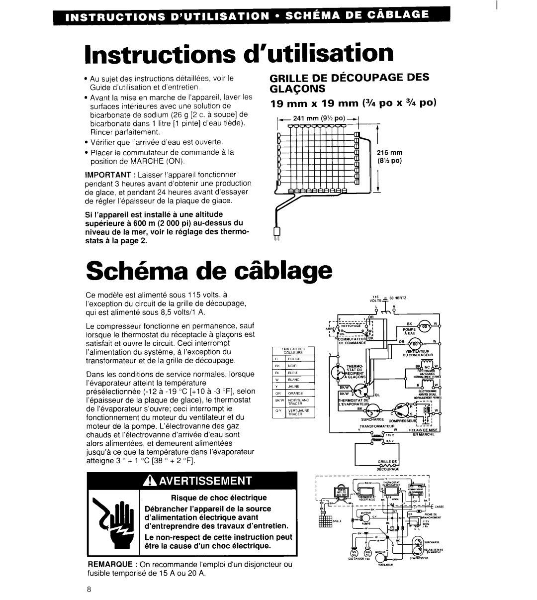 Whirlpool 2180913 manual Instructions d’utilisation, Sch6ma de cgblage, Risque de choc electrique 