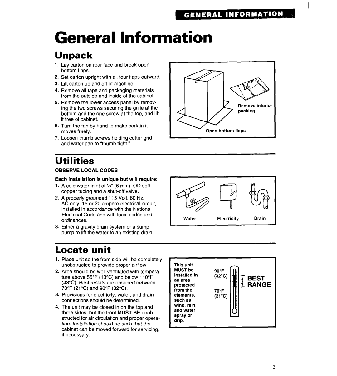 Whirlpool 2180913 manual General Information, Unpack, Utilities, Locate Unit 