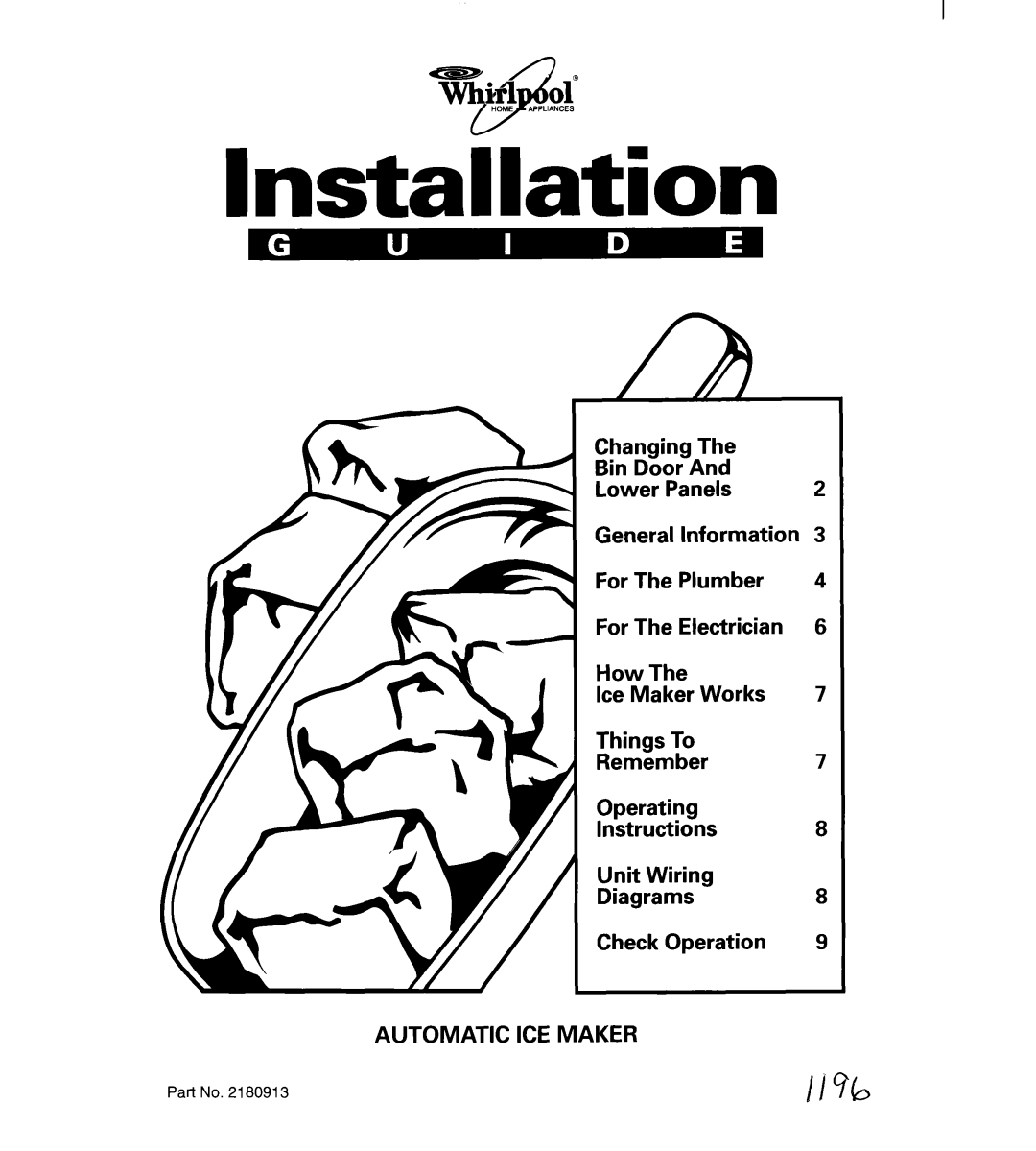 Whirlpool 2180913 manual Installation, Changing The Bin Door And Lower Panels, General Information For The Plumber 