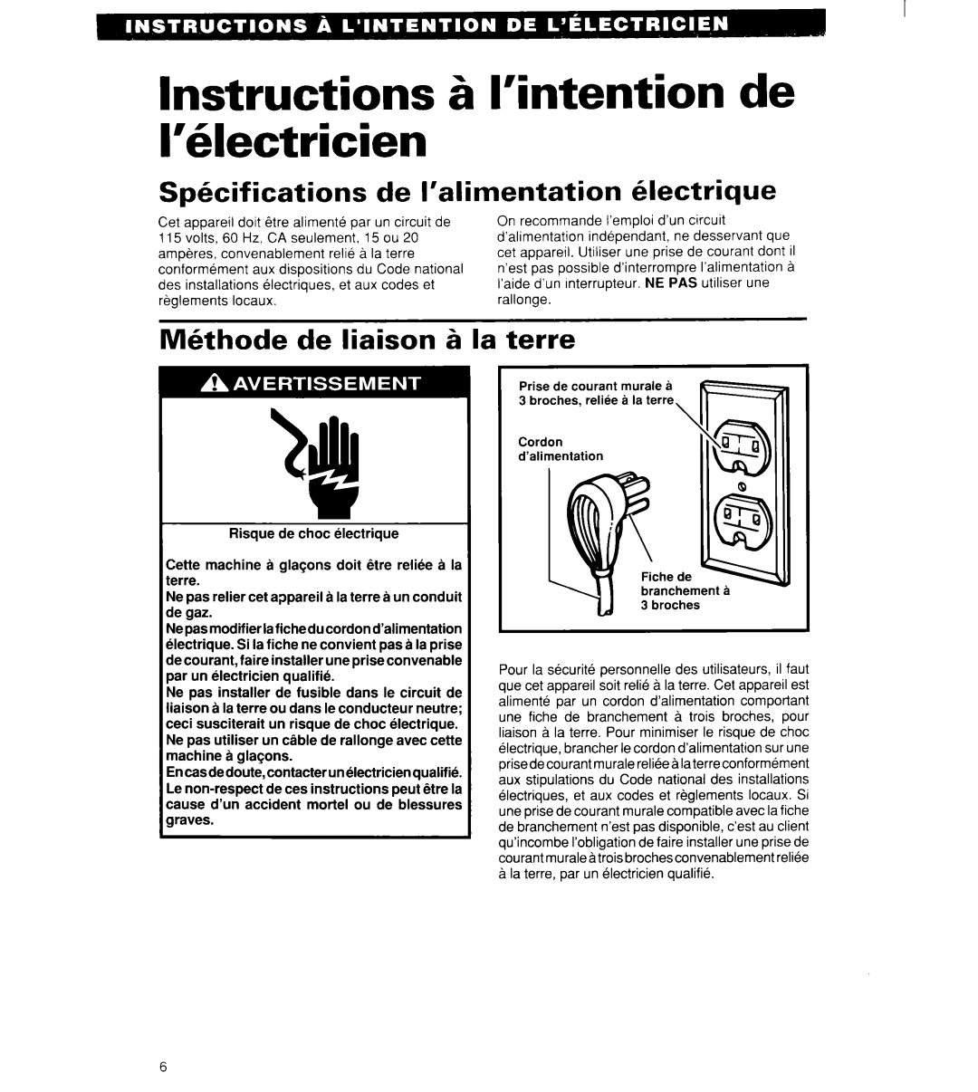 Whirlpool 2180913 manual Instructions & I’intention de Wlectricien, Spkifications de I’alimentation klectrique 