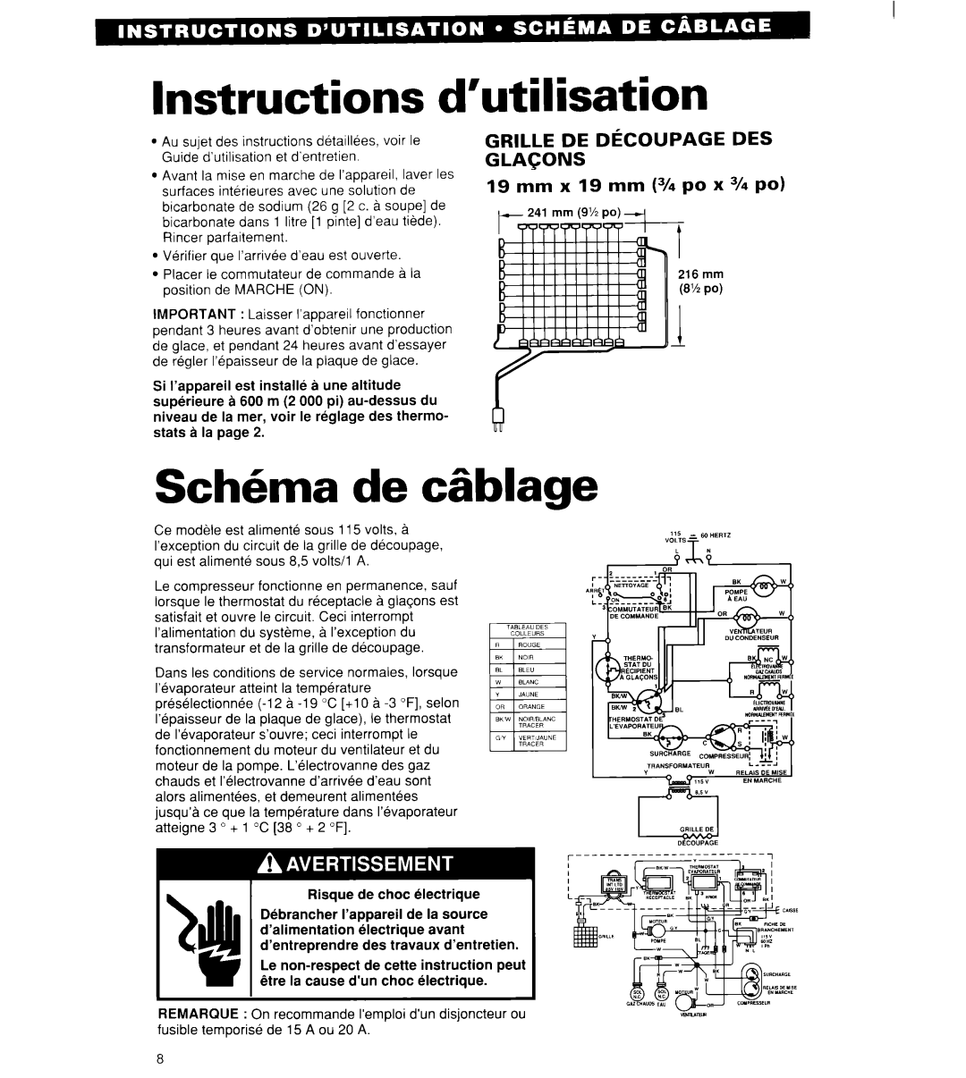 Whirlpool 2180913 manual Instructions d’utilisation, Sch6ma de cgblage, Grille De Decoupage Des Glacons 
