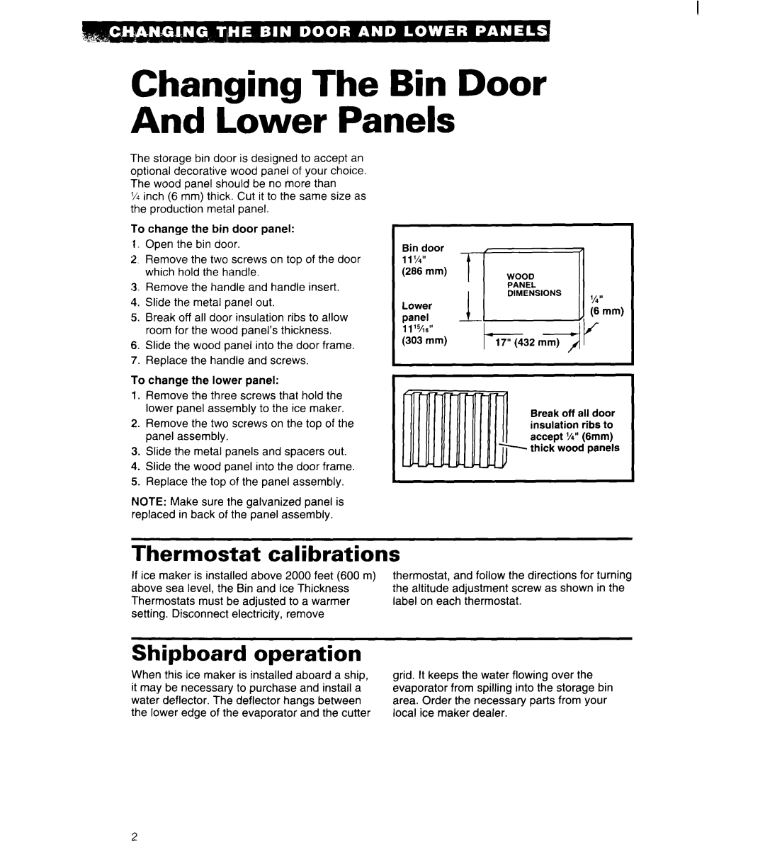 Whirlpool 2180913 manual Changing The Bin Door And Lower Panels, Thermostat calibrations, Shipboard operation 