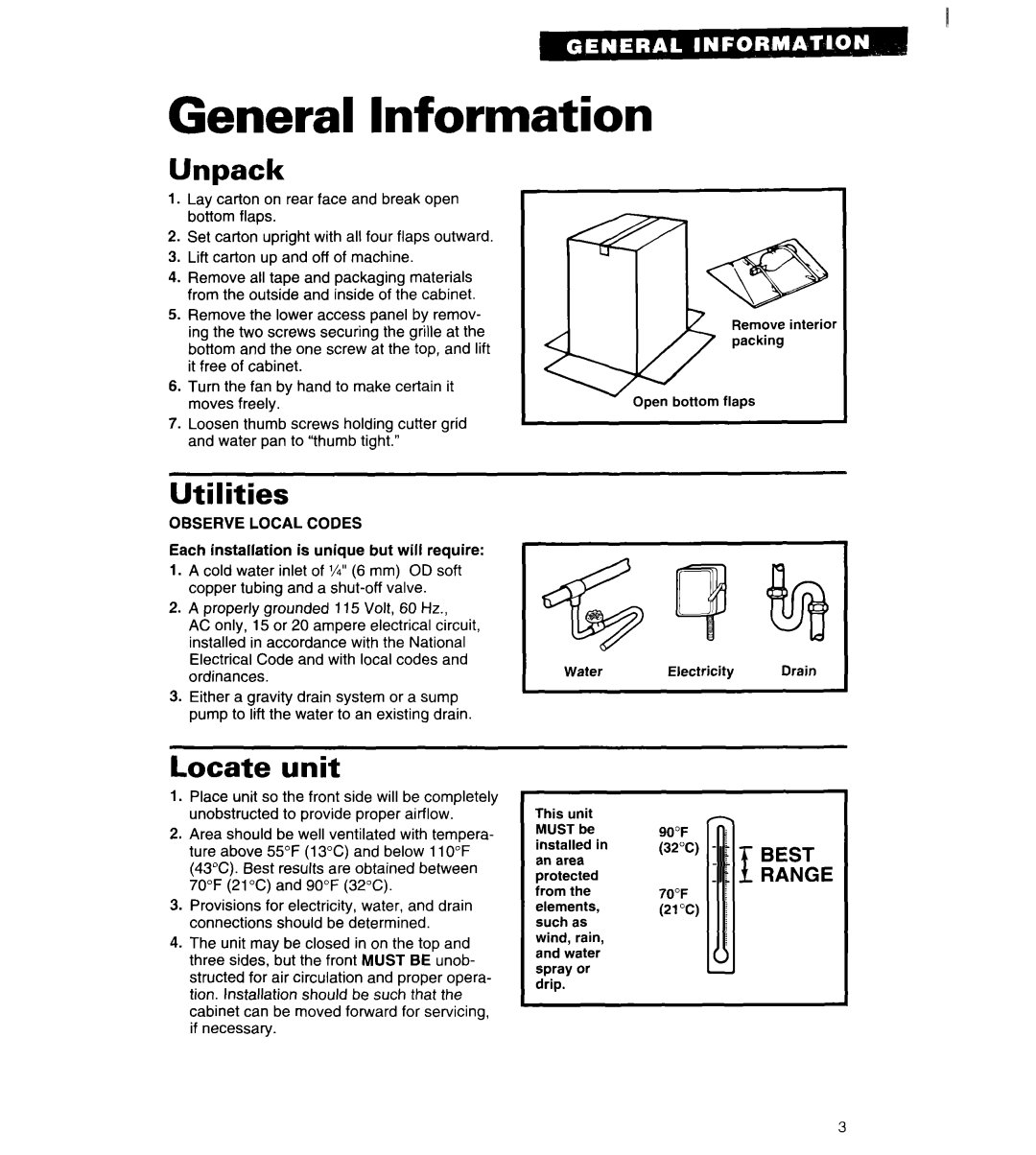 Whirlpool 2180913 manual General Information, Unpack, Utilities, Locate, unit, Best Range 