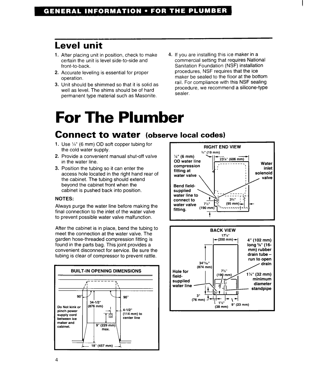 Whirlpool 2180913 manual Level unit, water observe, local codes, connect, e f$l+\-I, Plumber 