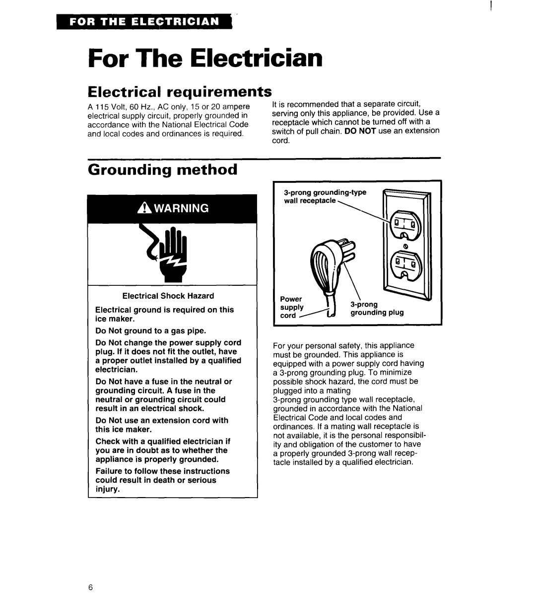 Whirlpool 2180913 manual For The Electrician, Electrical1 requirements, Grounding method 