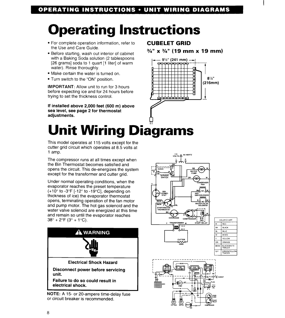 Whirlpool 2180913 manual Operating Instructions, Unit Wiring Diagrams, CUBELET GRID 3/4” x 3/i” 19 mm x 19 mm 