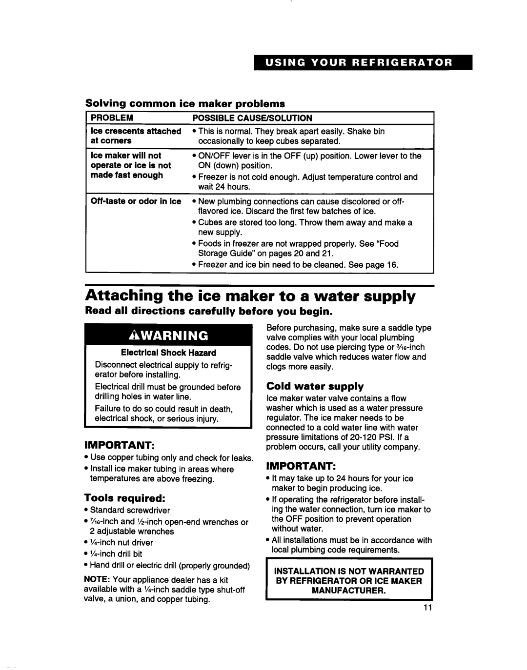 Whirlpool 2183013 warranty Attaching the ice maker to a water supply, Solving common ice maker problems, Cold water supply 