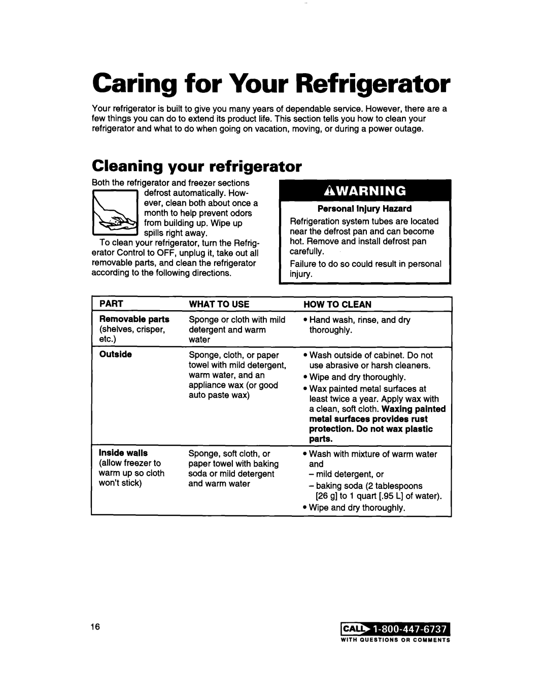 Whirlpool 2183013 warranty Caring for Your Refrigerator 