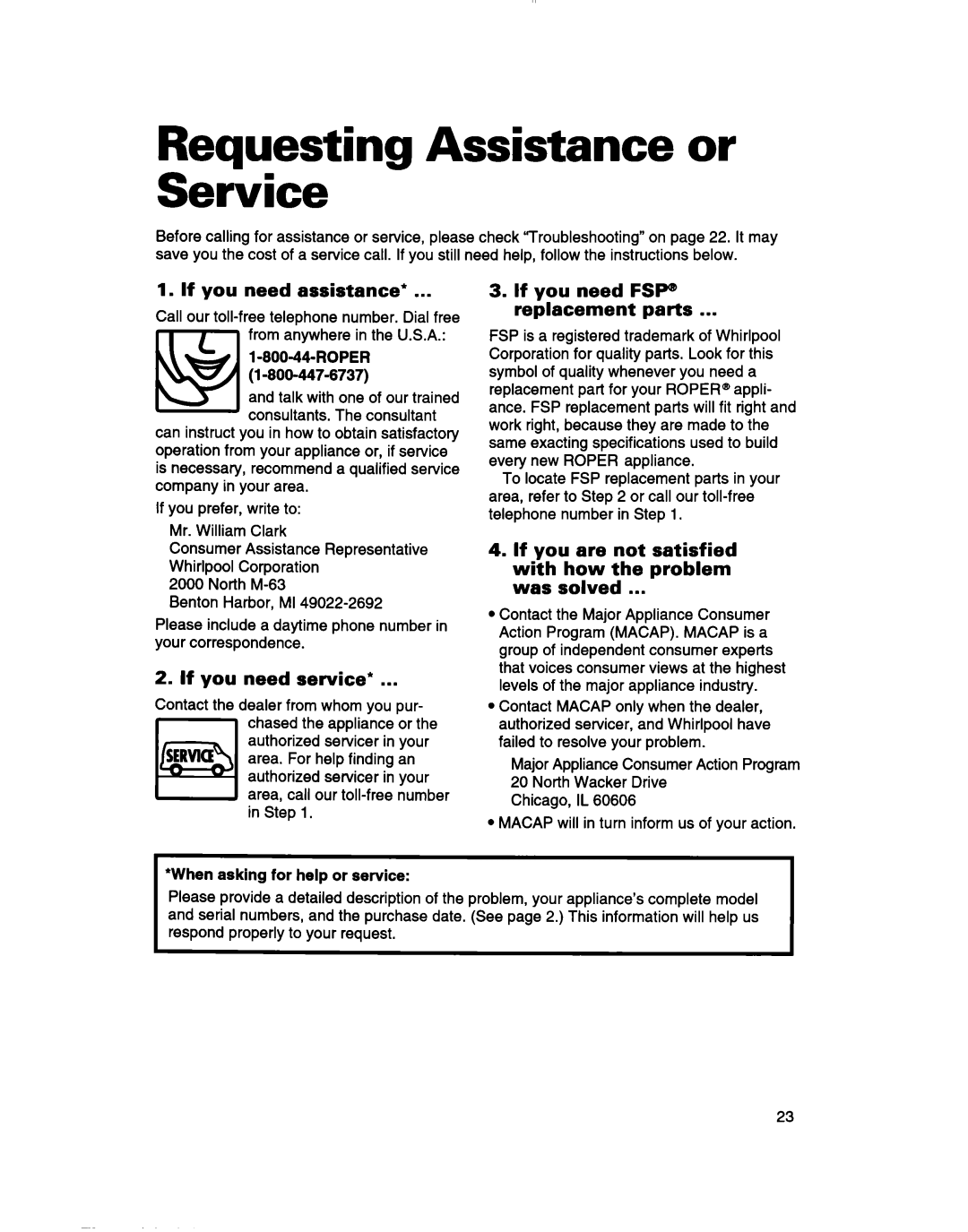 Whirlpool 2183013 warranty Requesting Assistance or Service, If you need assistance, If you need service 