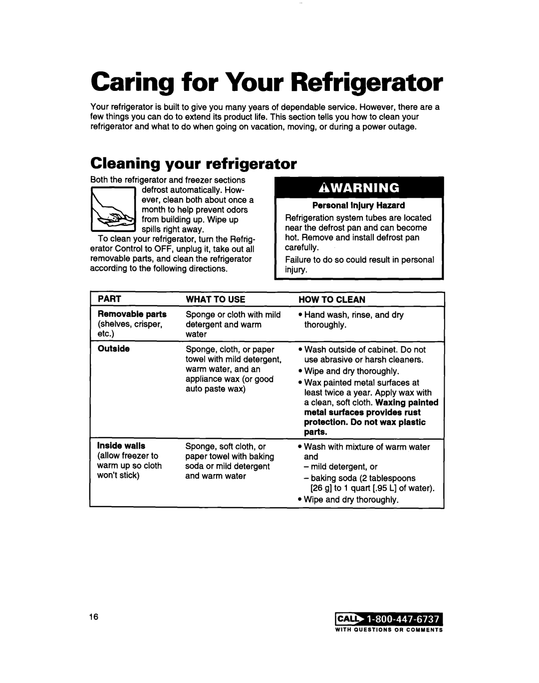 Whirlpool 2183013 warranty Caring for Your Refrigerator, Cleaning your refrigerator 