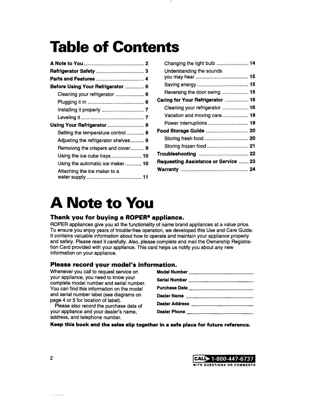 Whirlpool 2183013 warranty Table of Contents, A Note to You, Thank you for buying a ROPER@ appliance 