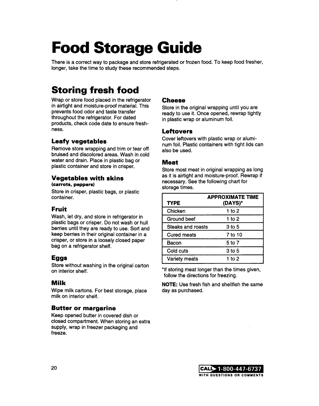 Whirlpool 2183013 Food Storage Guide, Storing fresh food, Leafy vegetables, Vegetables with skins, Fruit, Milk, Cheese 