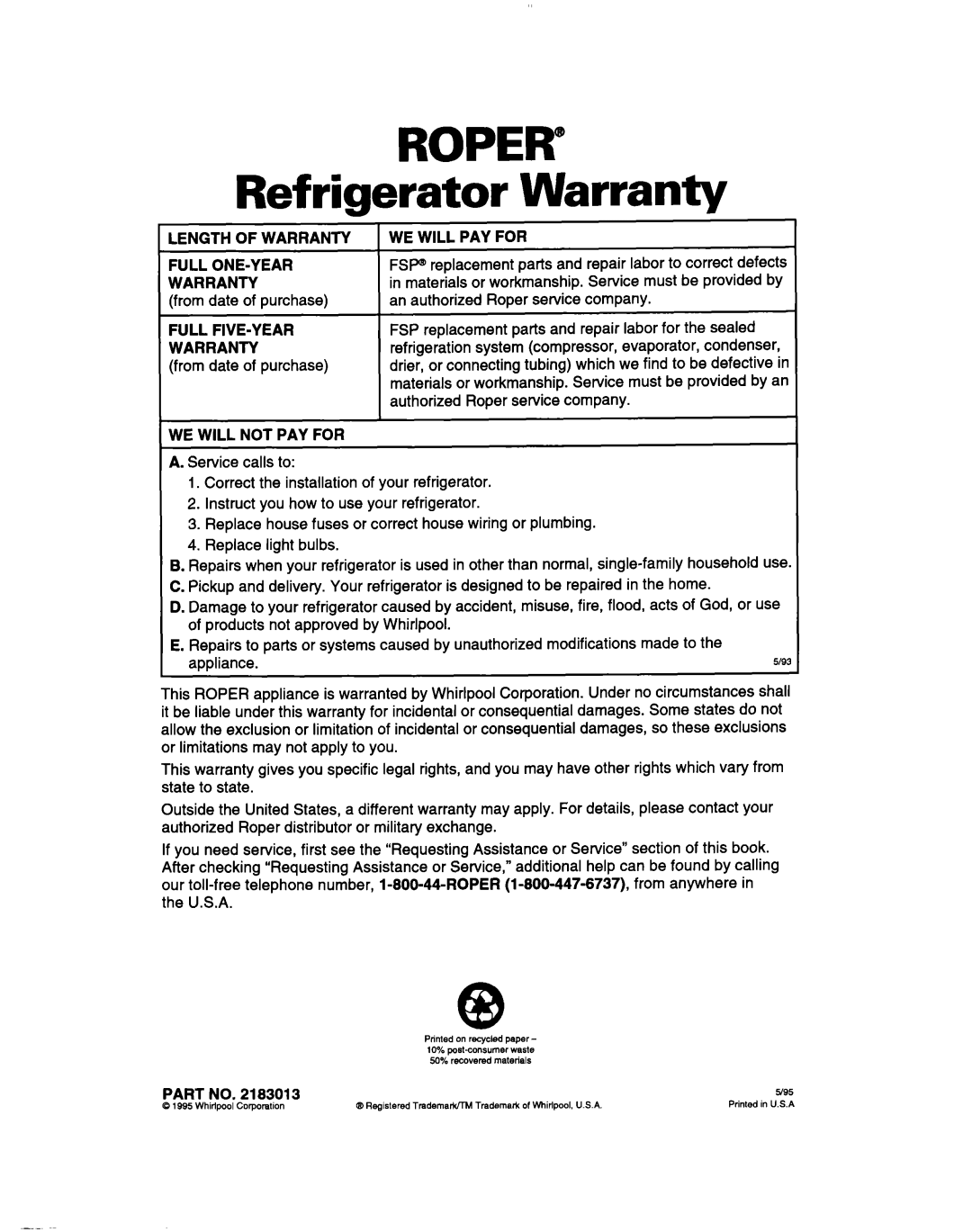Whirlpool 2183013 warranty ROPER” Refrigerator Warranty 