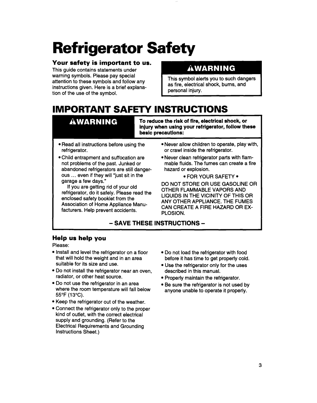 Whirlpool 2183013 Refrigerator Safety, Important Safety Instructions, Your safety is important to us, Help us help you 