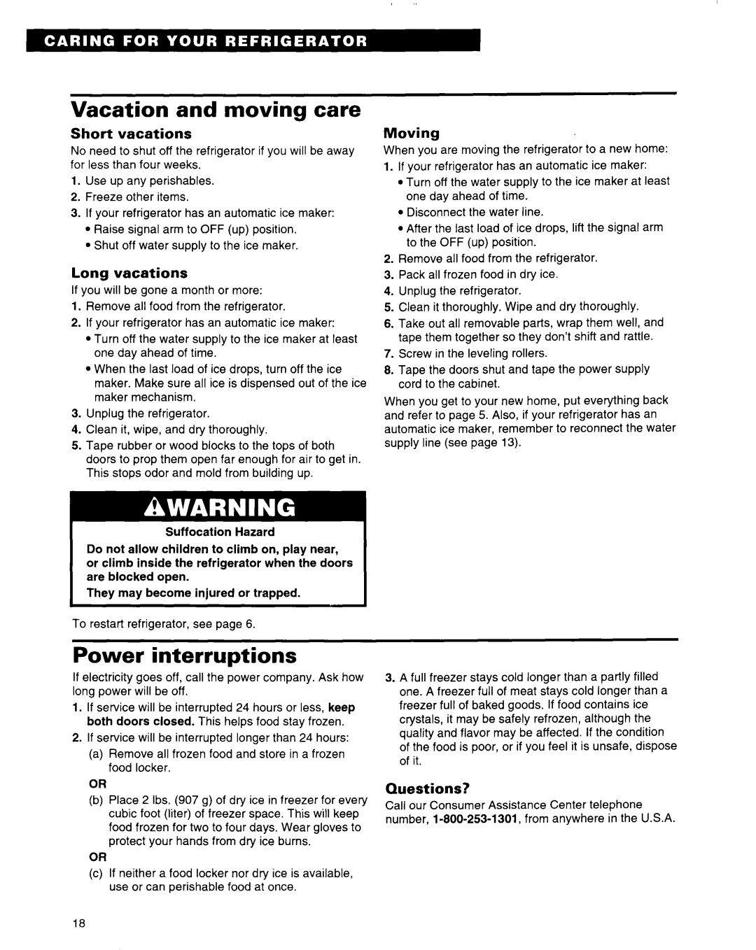 Whirlpool 2184589 warranty Vacation and moving care, Power interruptions 