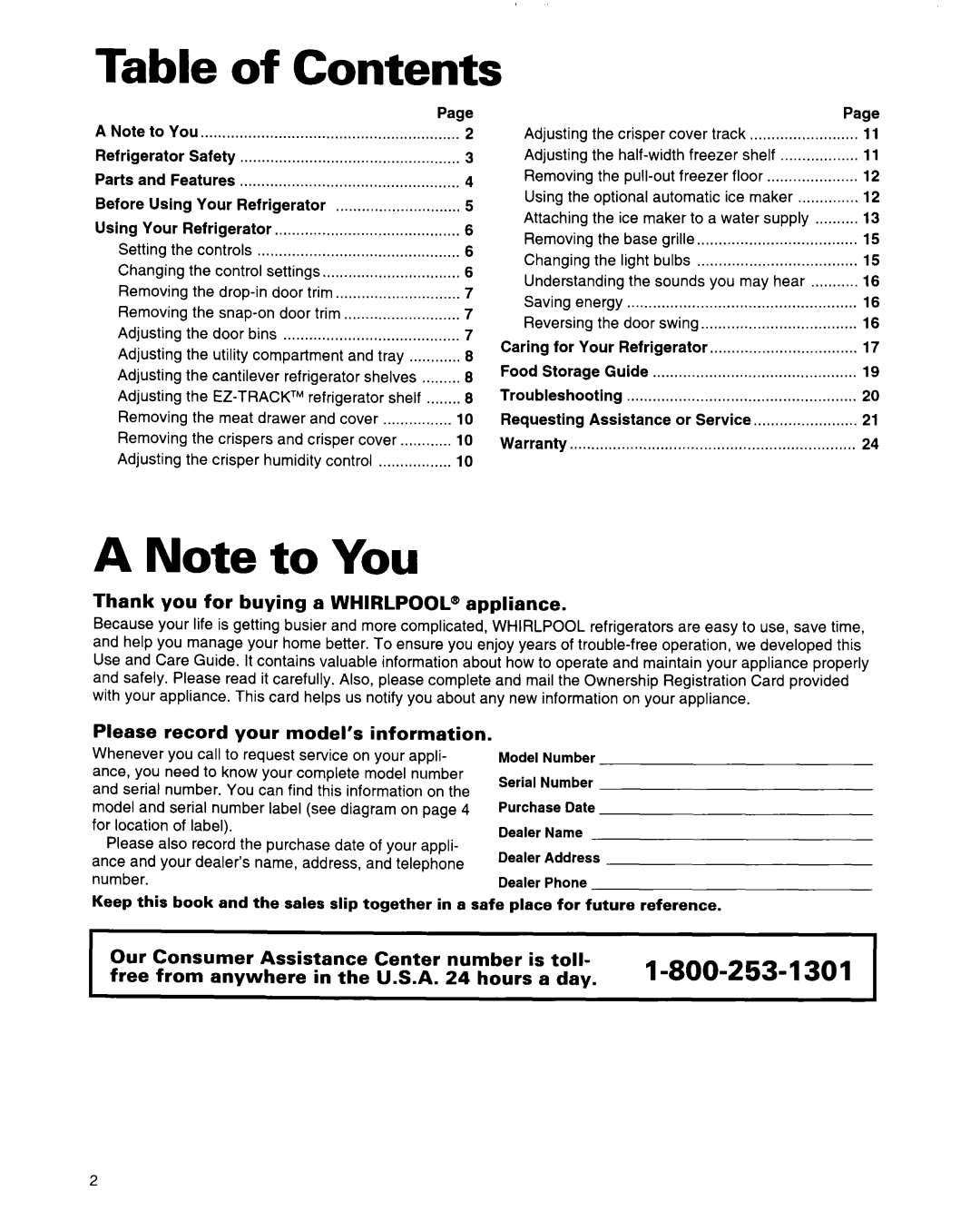 Whirlpool 2184589 warranty Contents 