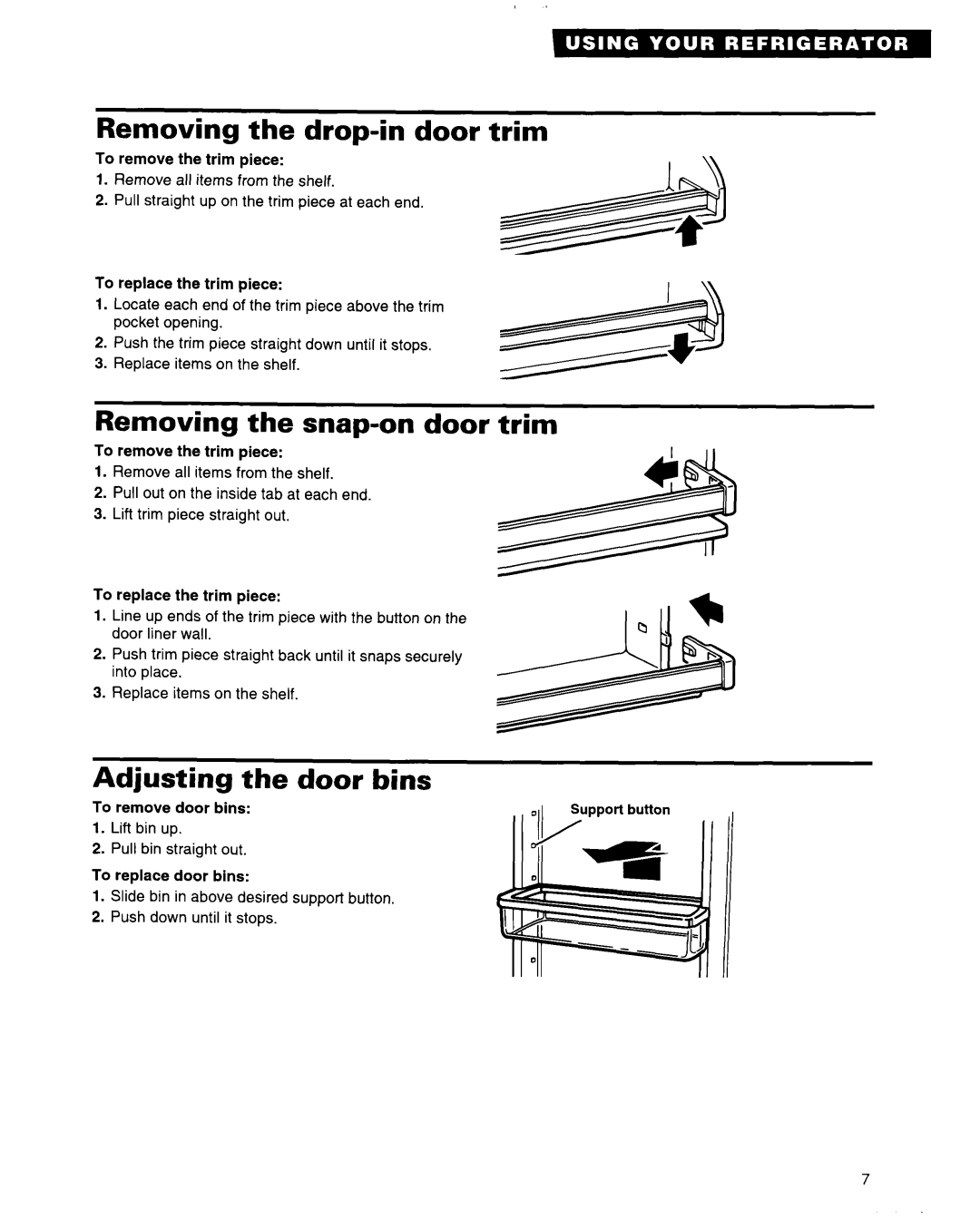 Whirlpool 2184589 warranty Removing the drop-in door trim, Removing the snap-on door trim, Adjusting Door bins 