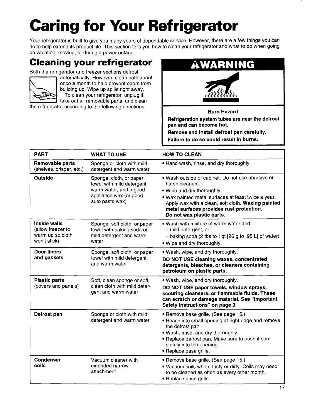 Whirlpool 2184589 warranty Caring for Your Refrigerator, Cleaning your refrigerator 