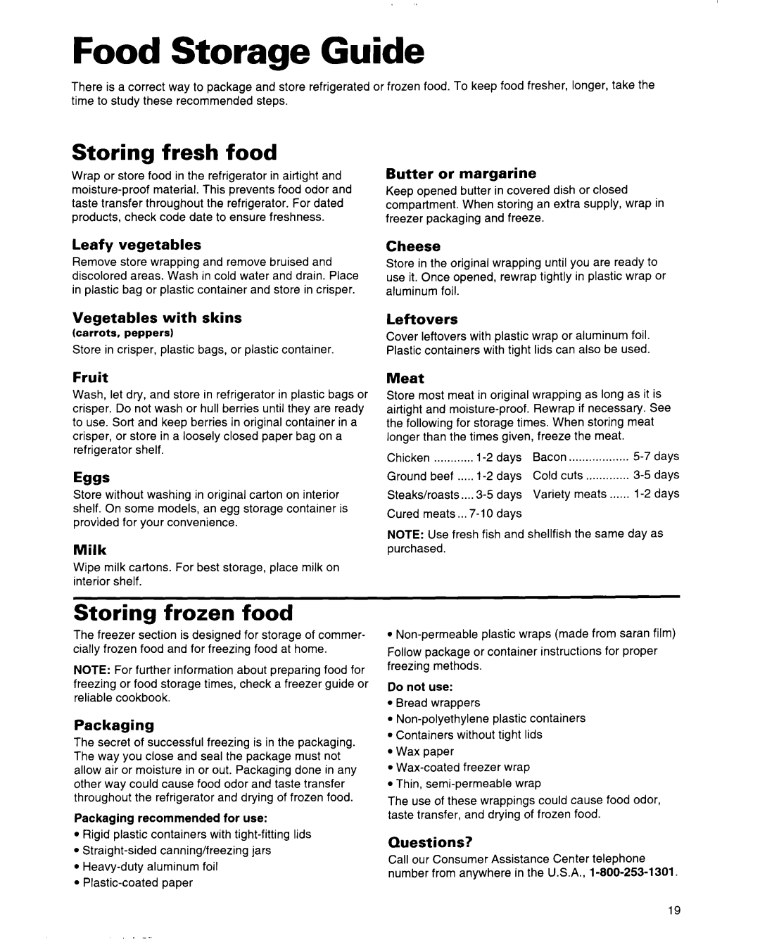 Whirlpool 2184589 warranty Food Storage Guide, Storing fresh food, Storing frozen food 
