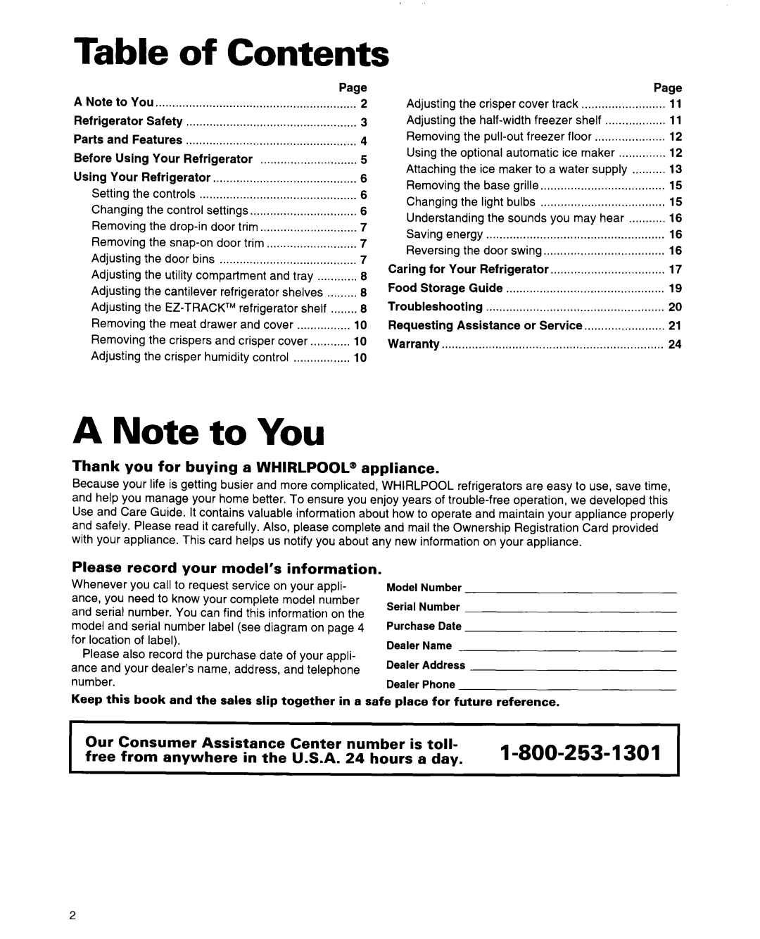 Whirlpool 2184589 warranty A Note to You, Contents 