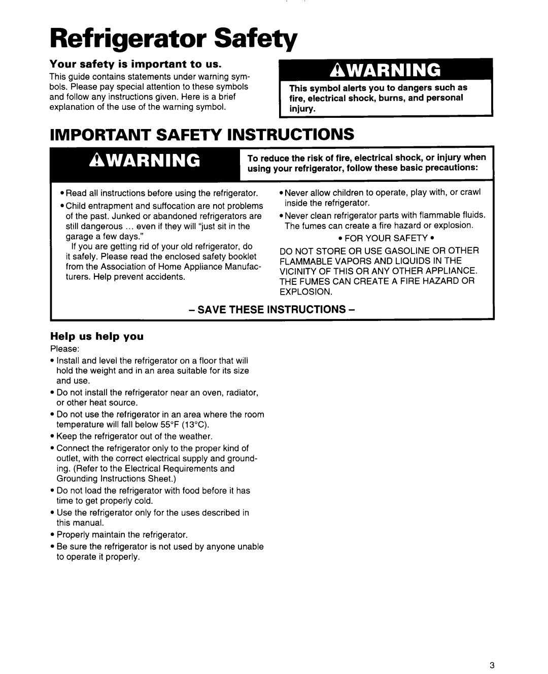 Whirlpool 2184589 warranty Refrigerator Safety, Important Safety Instructions 