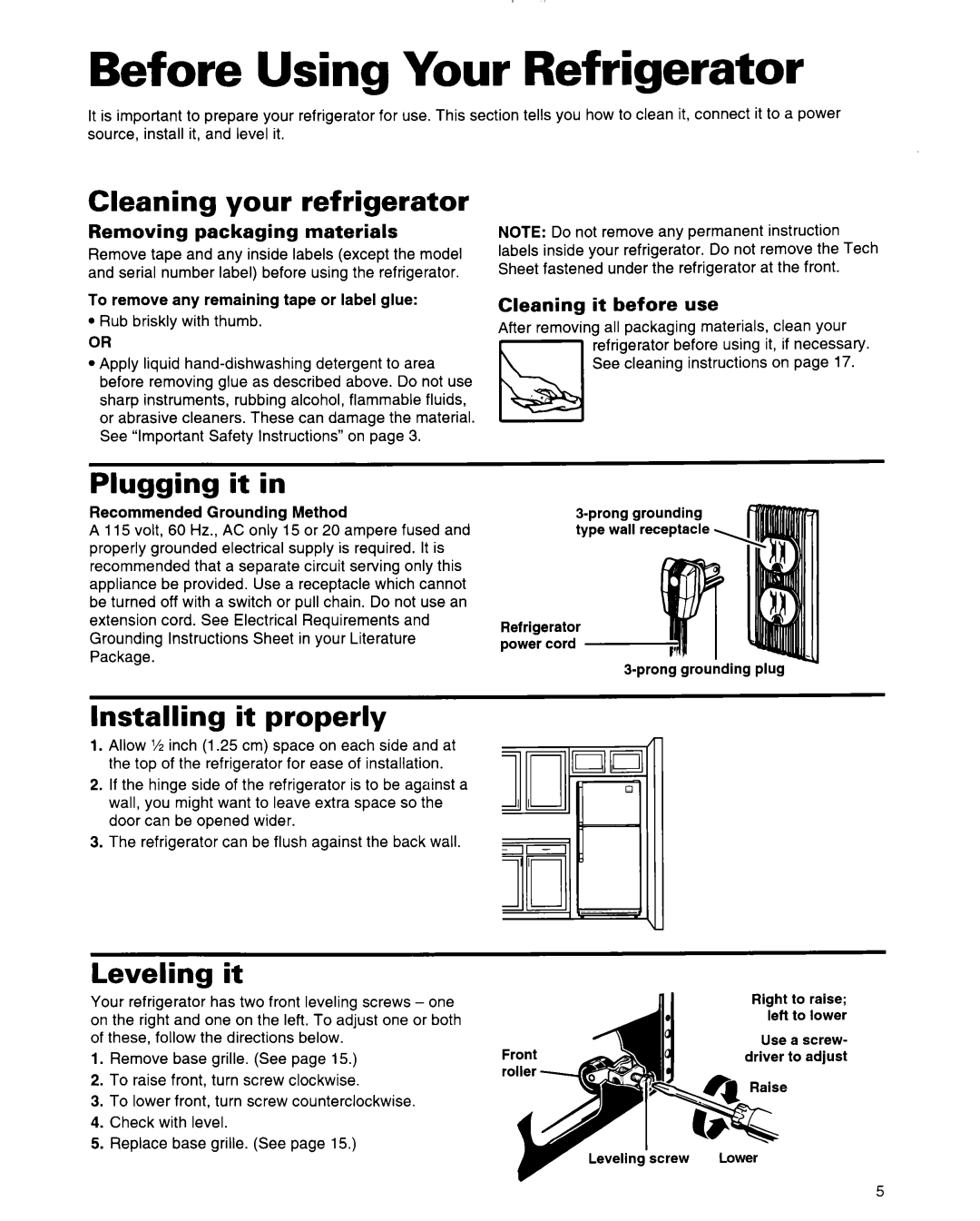 Whirlpool 2184589 Before Using Your Refrigerator, Cleaning your refrigerator, Plugging it in, Installing it properly 