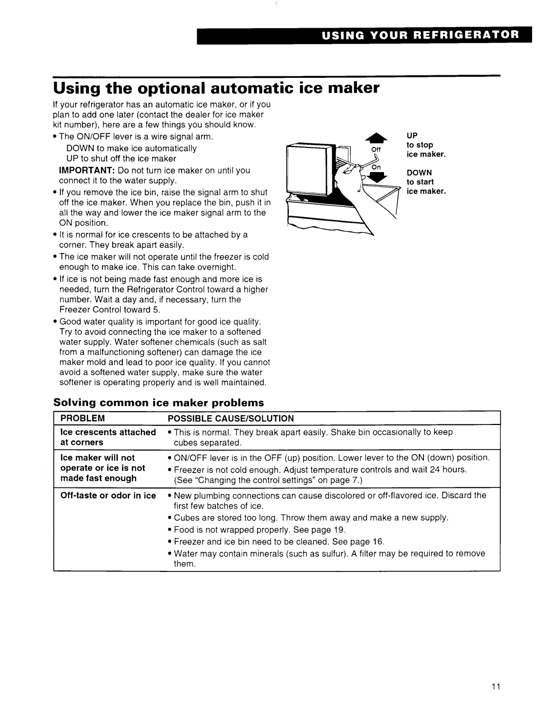 Whirlpool 2184591 warranty Using the optional automatic ice maker, Solving common ice maker problems, Problem 