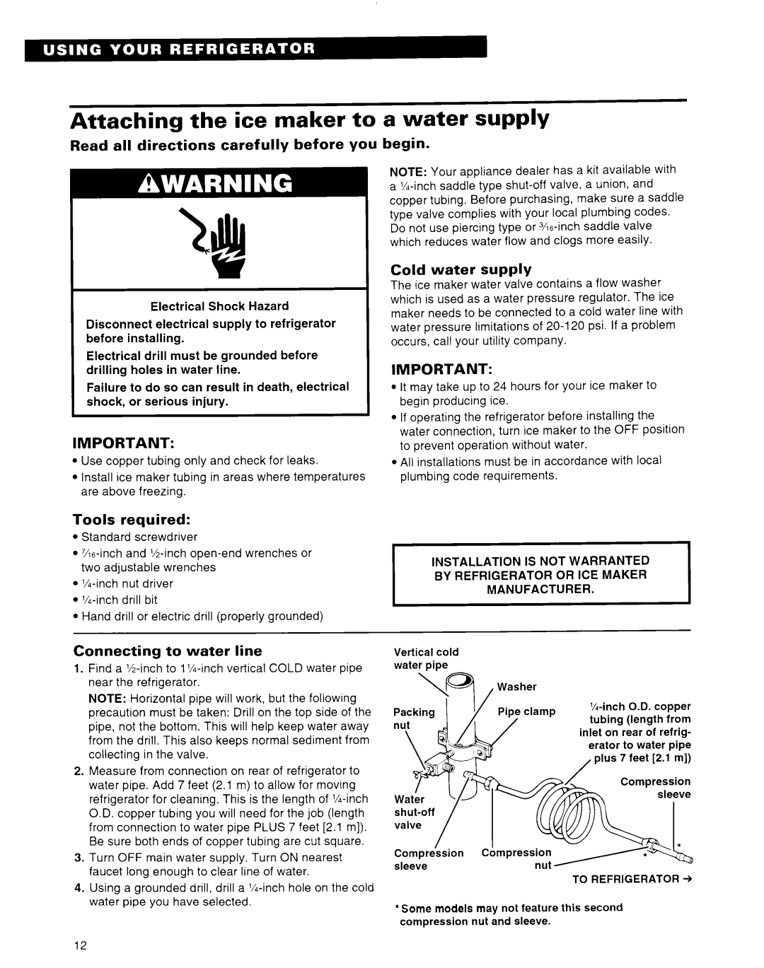 Whirlpool 2184591 warranty Attaching the ice maker to a water supply, Read all directions carefully before you begin 