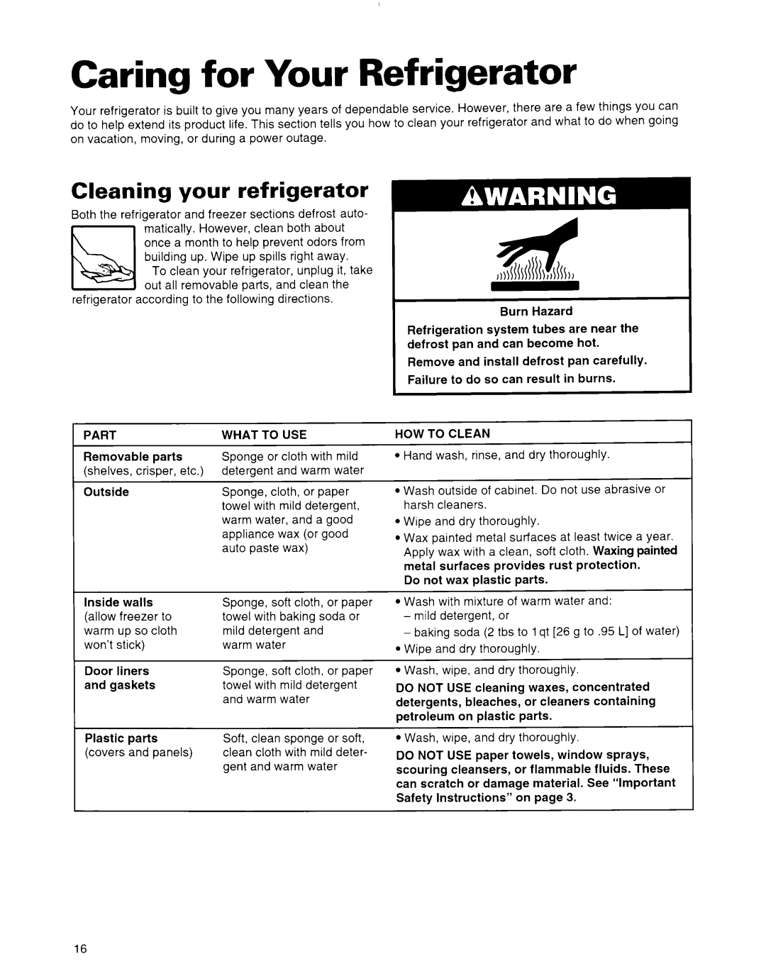 Whirlpool 2184591 warranty Caring for Your Refrigerator, Cleaning your- refrigerator, Part What to USE, HOW to Clean 