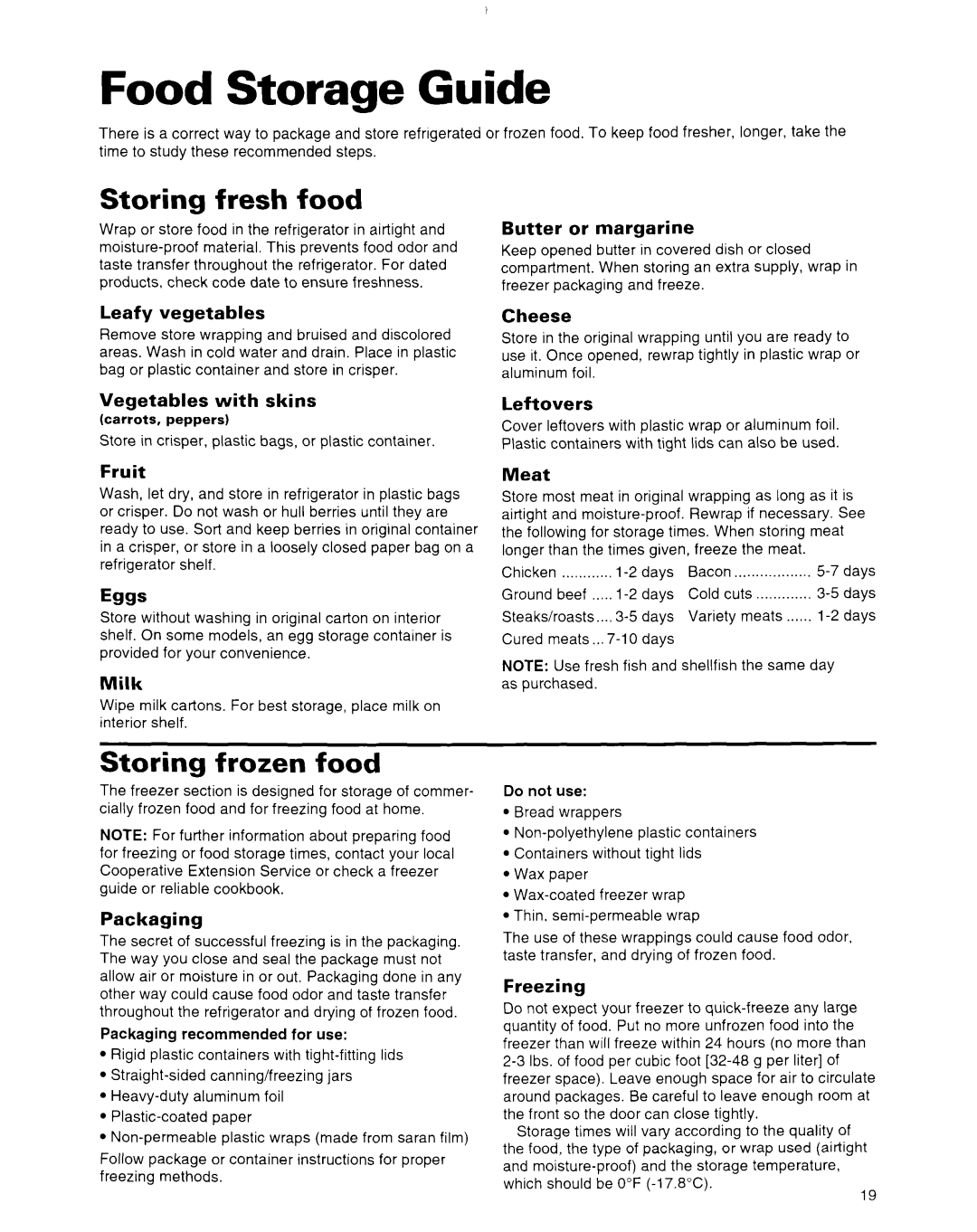 Whirlpool 2184591 warranty Food Storage Guide, Storing fresh food, Storing frozen food 