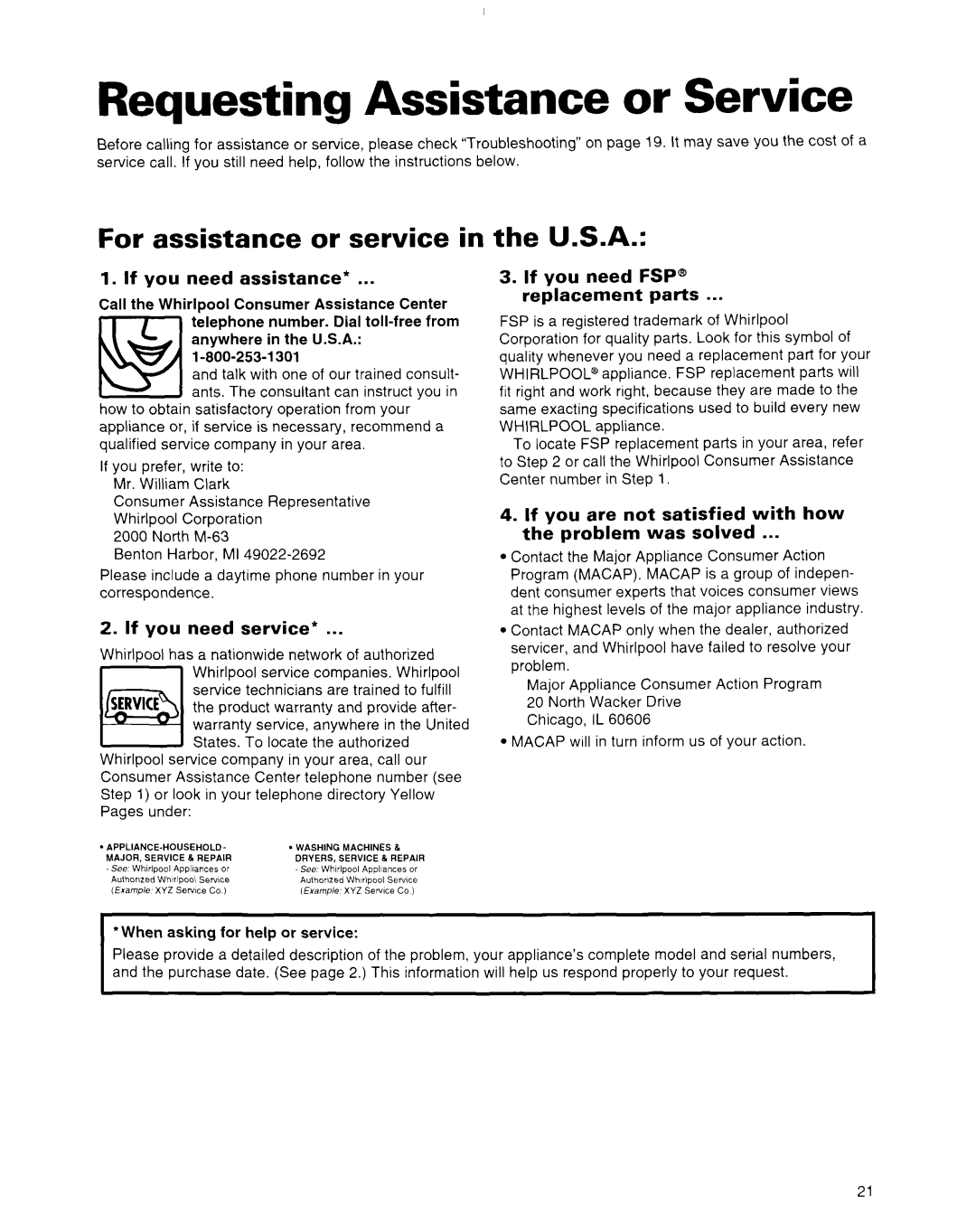 Whirlpool 2184591 warranty Requesting Assistance or Service, For assistance or service in the U.S.A 