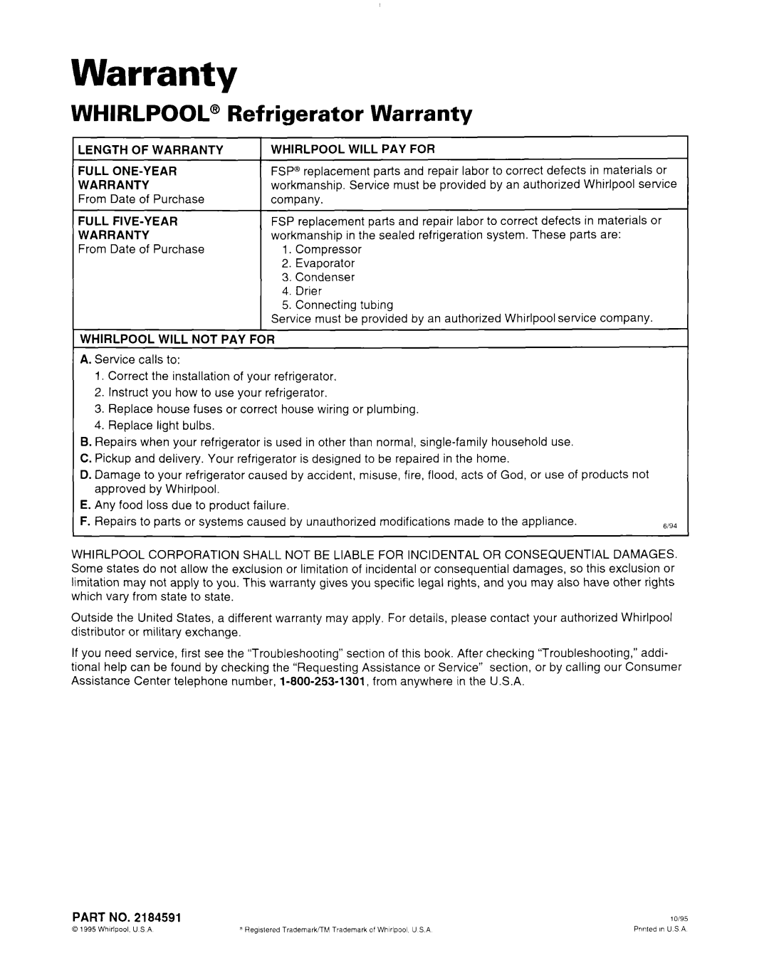 Whirlpool 2184591 warranty WHIRLPOOL@ Refrigerator Warranty 